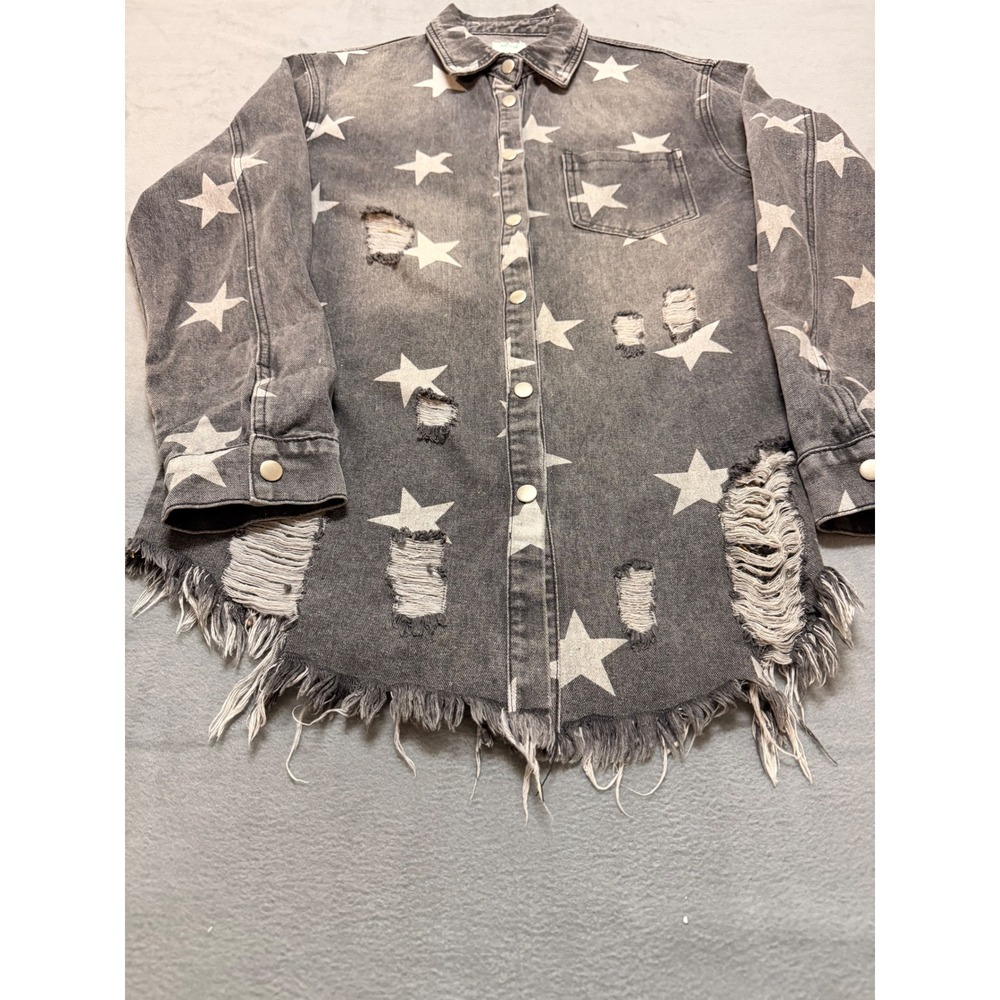 Blue‎ Buttercup Womens Distressed Gray Star Denim Button Up Shirt Grunge - Picture 2 of 8